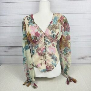 Newport News Floral Print Sheer Long Sleeve V Neck Button‎ Front Blouse Top
